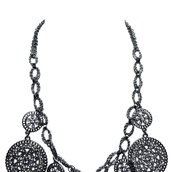 Silver Tone And Clear Rhinestone Medallion Necklace Signed Black/White (5807) - Picture 2 of 6